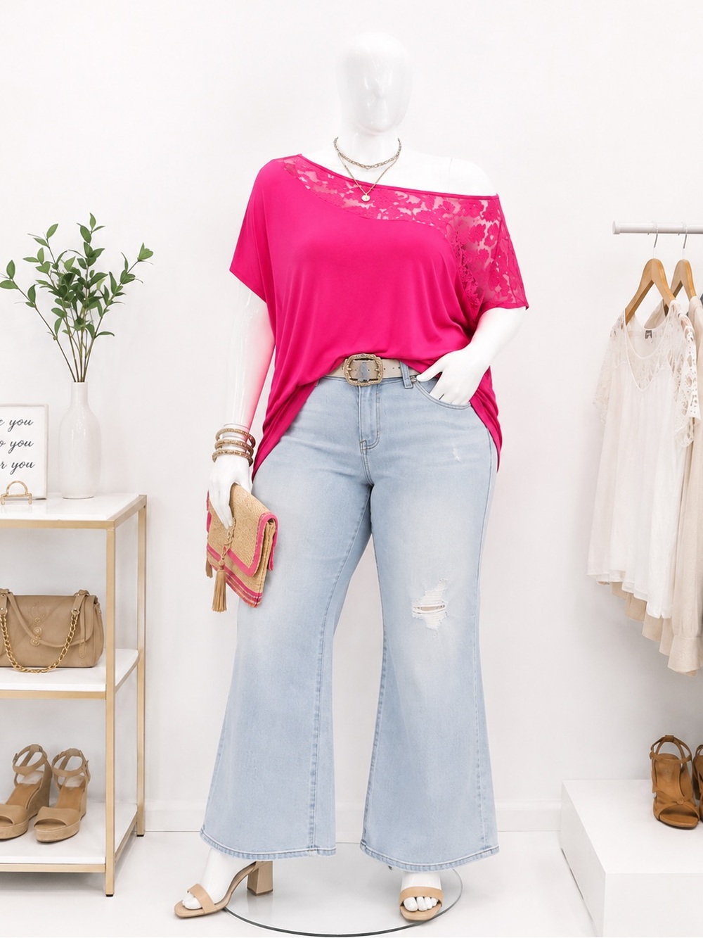 Dots Bright Pink Lace-Shoulder Tunic Top